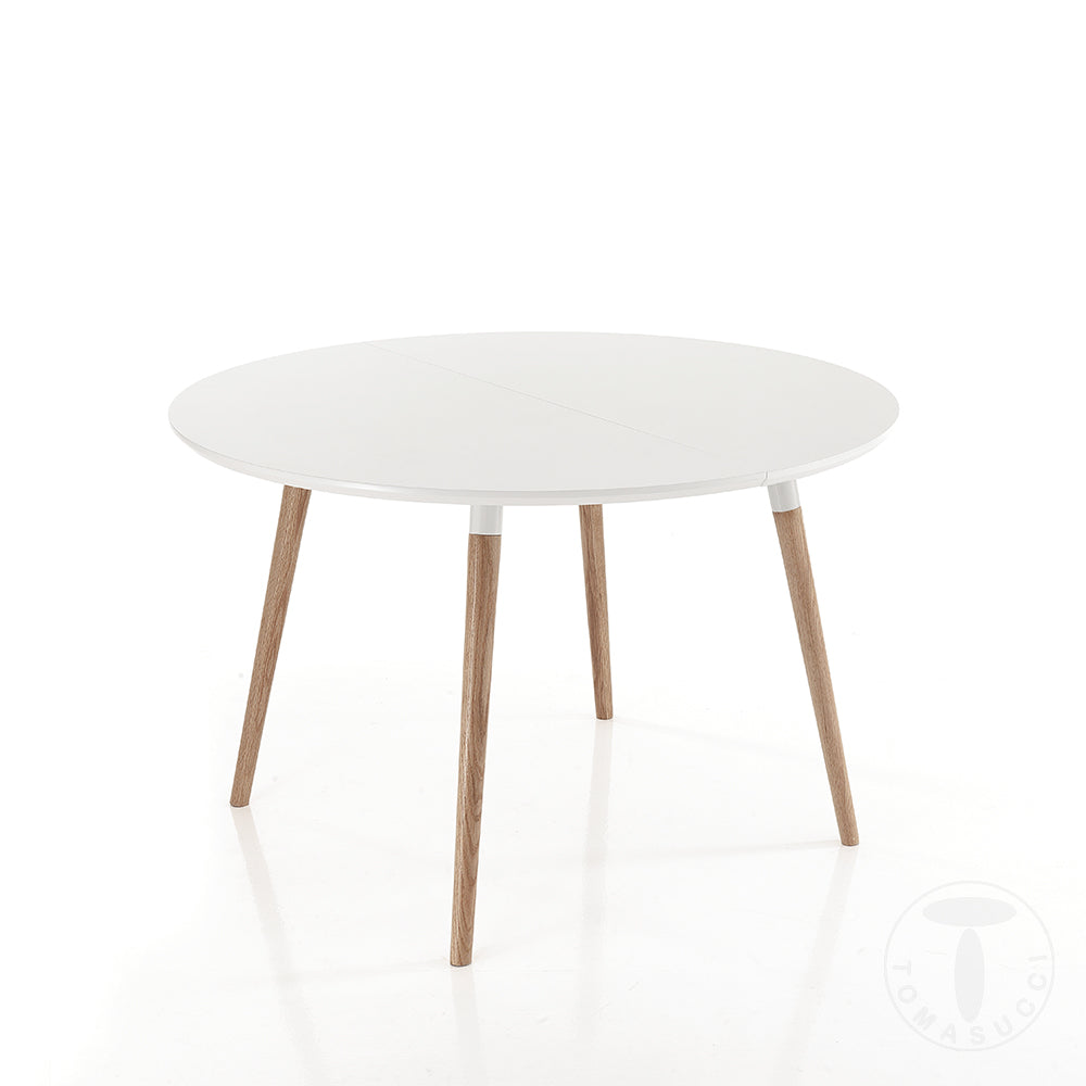 Tavolo tondo moderno in legno massello allungabile colore bianco opaco e rovere cm 120/220x120x75h