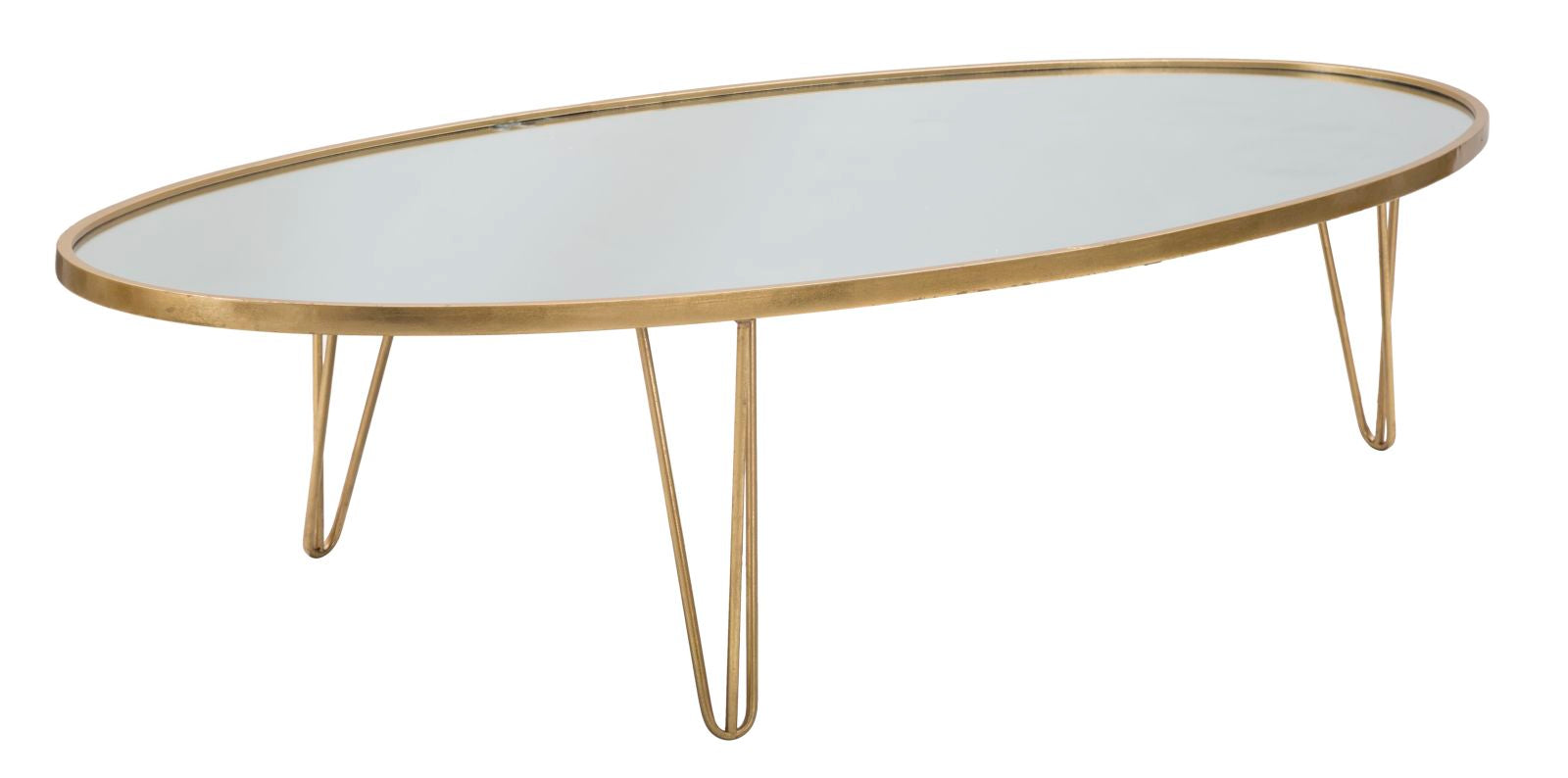 Tavolino da salotto ovale in metallo dorato piano con specchio cm 160x76x40h