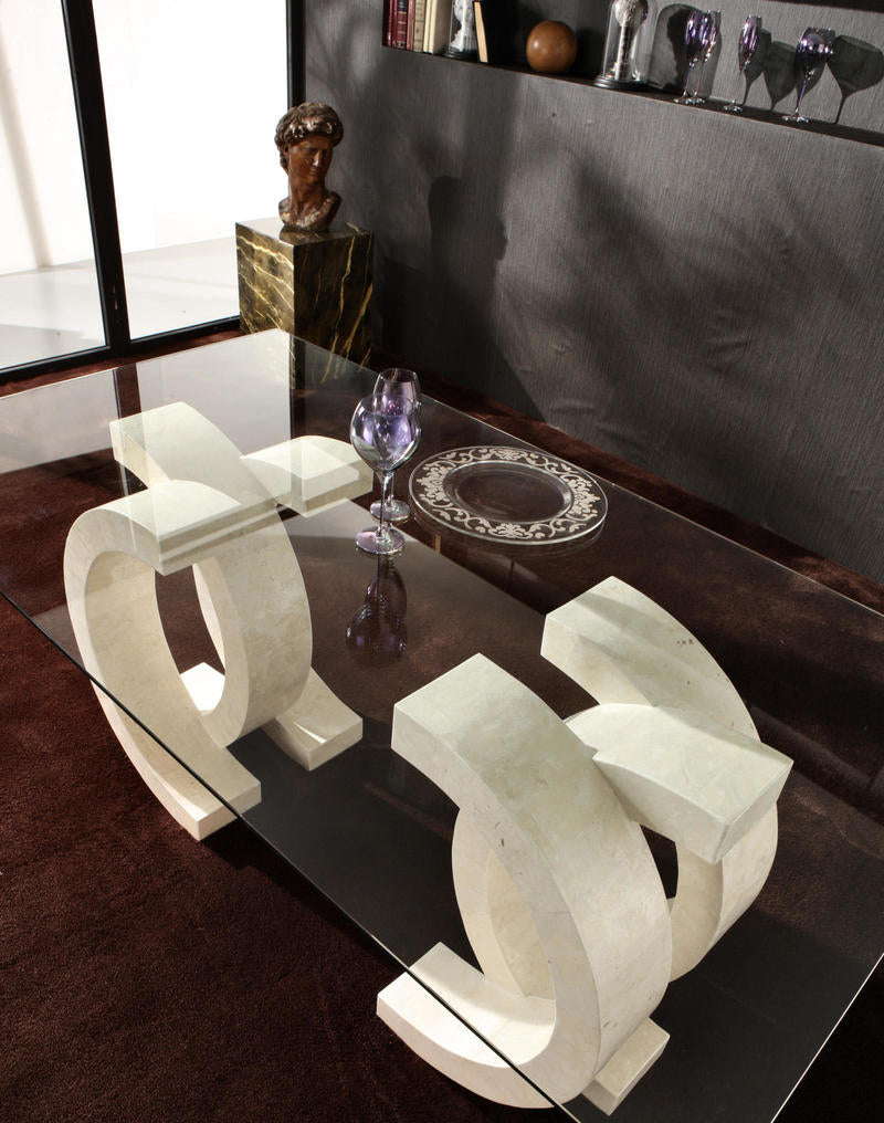 Tavolo design base in pietra fossile e vetro trasparente cm 200x100x76h - vari colori - immagine 2