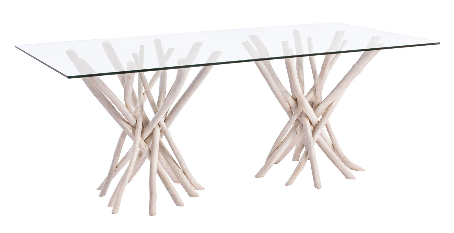 Tavolo fisso con piano in vetro base in legno di teak cm 200x100x76h