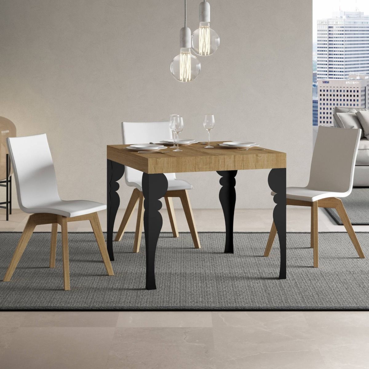 Rayan - Tavolo da pranzo quadrato allungabile piano in legno gambe in metallo cm 90/246x90x80h - vari colori