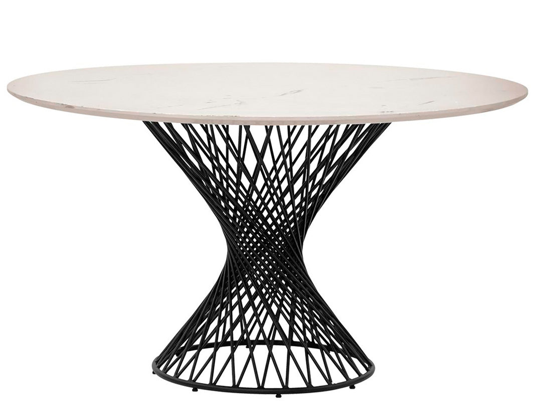 Tavolo tondo moderno fisso con piano effetto marmo e gamba centrale in metallo cm 137x76h