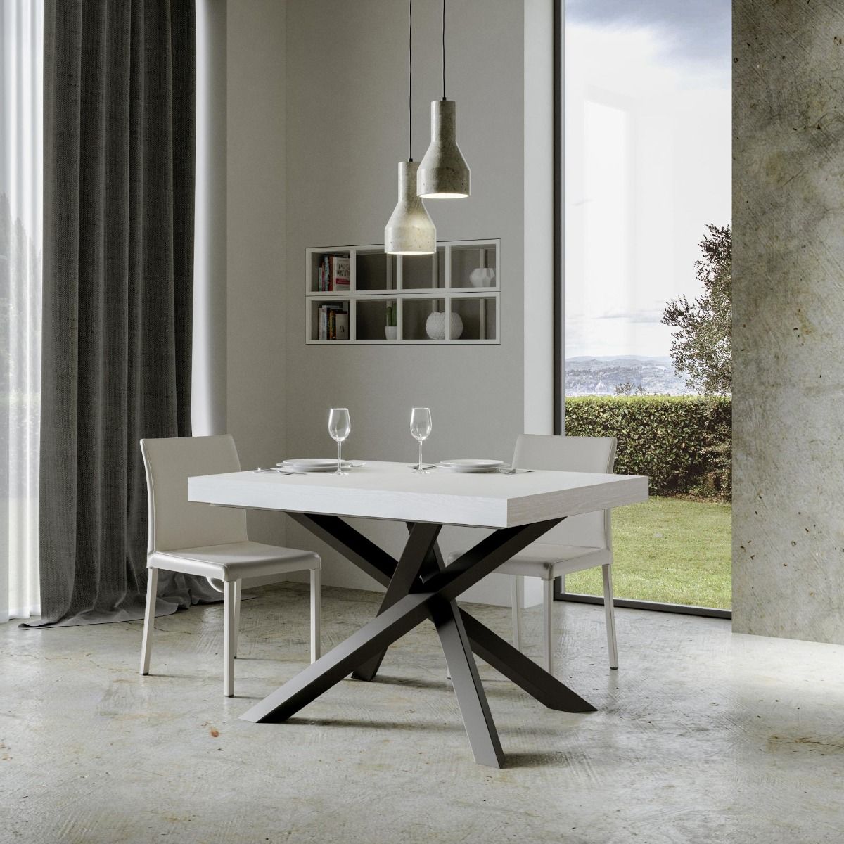 Algeri fisso - Tavolo da pranzo moderno gambe in metallo incrociate piano in legno - Vari modelli