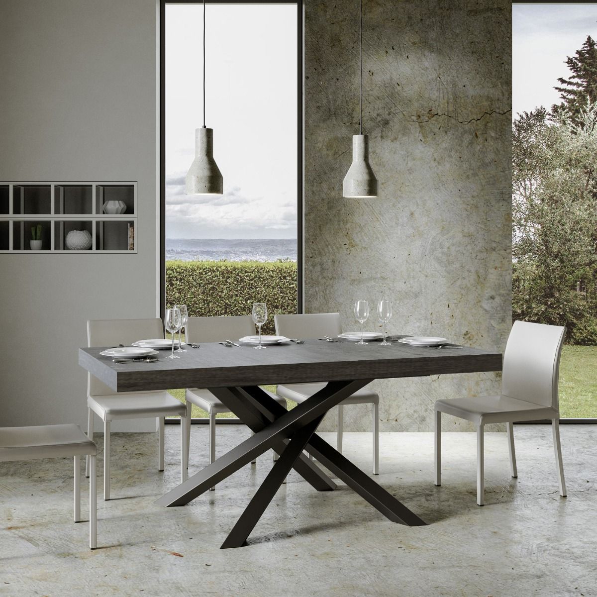 Algeri fisso - Tavolo da pranzo moderno gambe in metallo incrociate piano in legno - Vari modelli - immagine 2