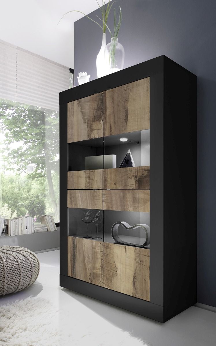 Ornella - Vetrina 4 ante credenza moderna in legno nero e pero cm 102x43x162h