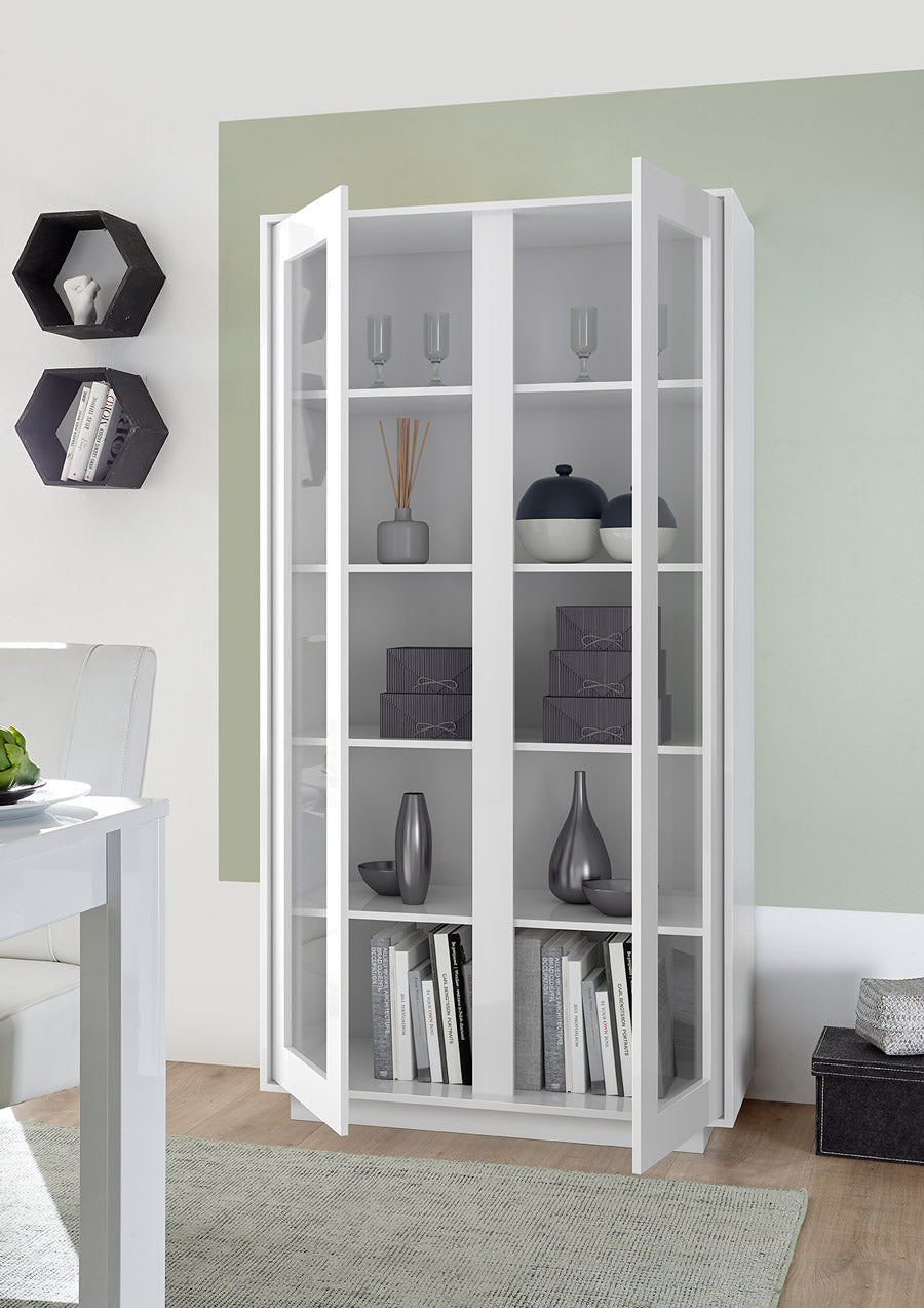 Monias - Vetrina 2 ante moderna 4 ripiani in legno bianco lucido cm 92x43x179h - immagine 2