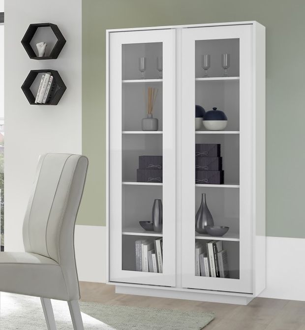 Monias - Vetrina 2 ante moderna 4 ripiani in legno bianco lucido cm 92x43x179h