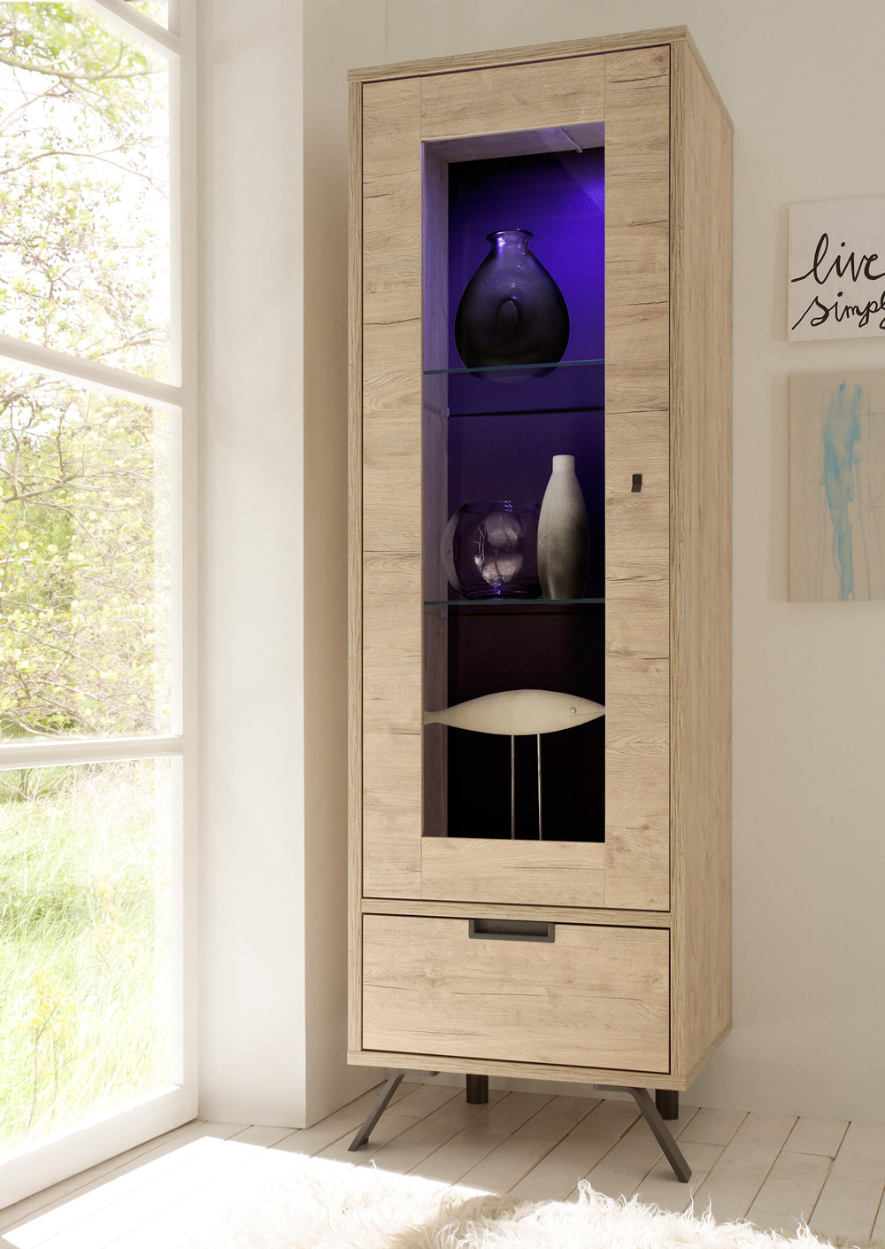 Dakota - Vetrina con cassetto moderna in legno piedi in ferro cm 56x50x177h