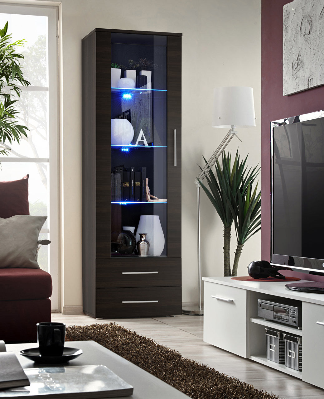 Vetrina alta moderna con luci a led rovere o wengè cm 60x40x190h - vari colori