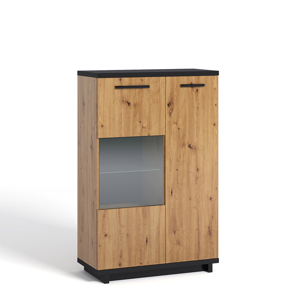Galiska - Mobile living con vetrinetta in legno finitura naturale e nero cm 90x40x140h