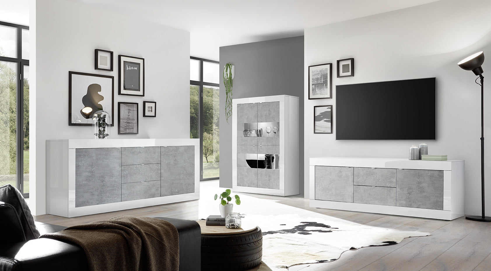 Dresda - Soggiorno completo contemporaneo con vetrina mobile porta tv e madia - vari colori - immagine 2