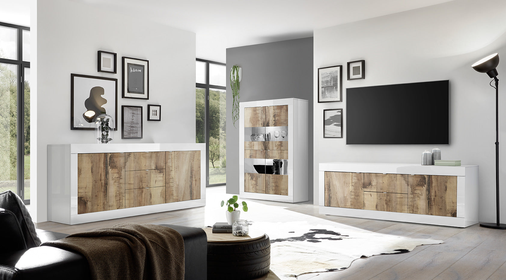 Dresda - Soggiorno completo contemporaneo con vetrina mobile porta tv e madia - vari colori