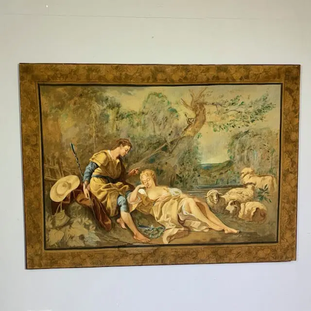 Antico grande succo erba XIX secolo dipinto su tela . Scena galante