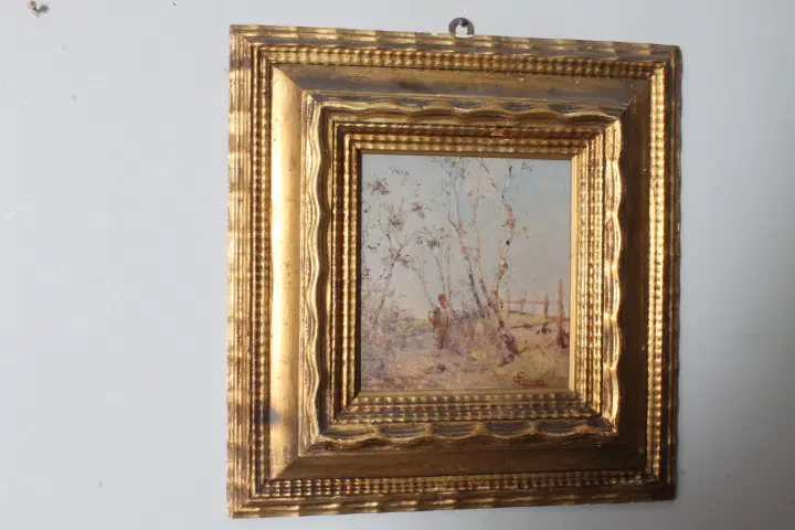 Antico dipinto di fine 800 di scuola Impressionista . Paesaggio firmato . Cornice dorata.