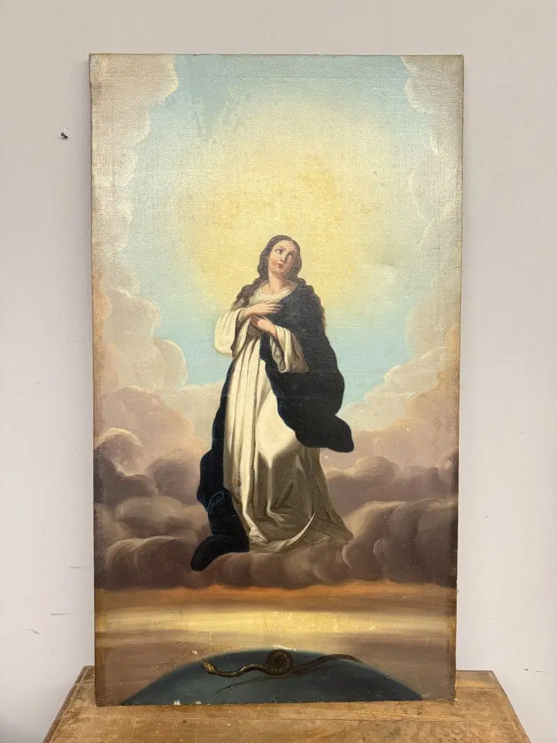Antico dipinto olio su tela Immacolata concezione, 104×59 cm, scuola italiana XIX sec