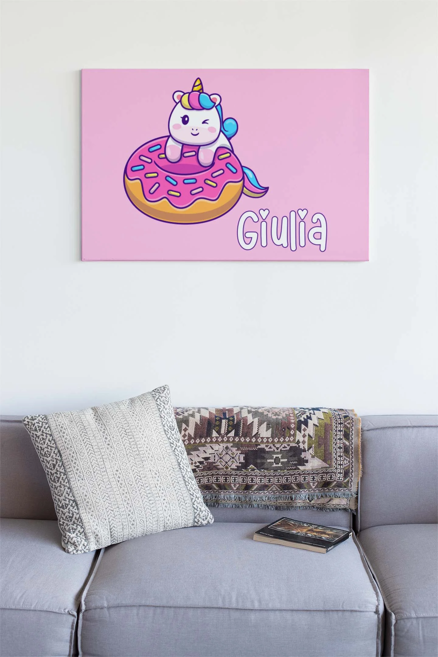 Quadro Tela Pittorica Canvas PERSONALIZZABILE col nome della tua bimba – Unicorno Donut – Disponibile nei formati 50×70 cm e 35×50 cm - immagine 3