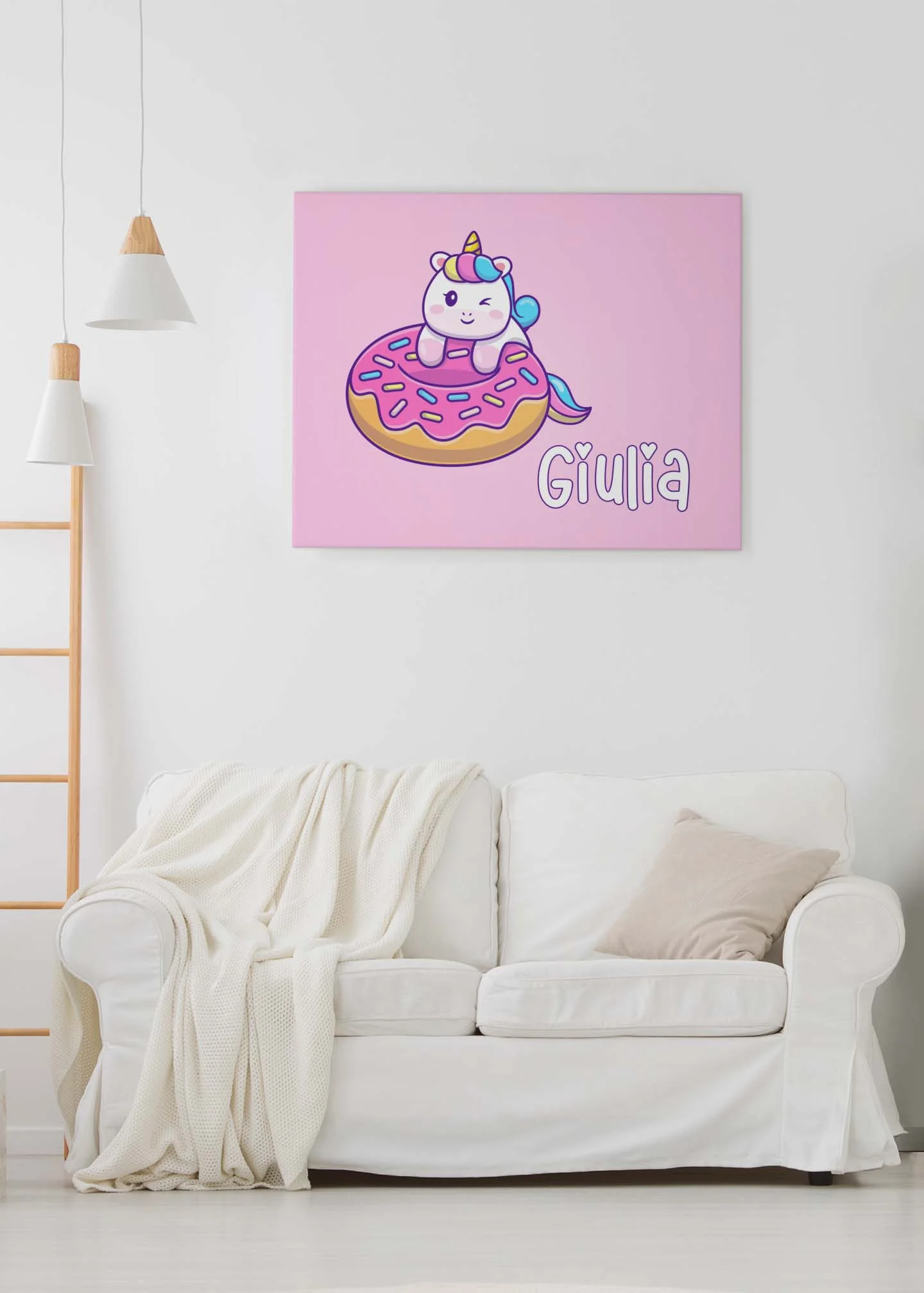 Quadro Tela Pittorica Canvas PERSONALIZZABILE col nome della tua bimba – Unicorno Donut – Disponibile nei formati 50×70 cm e 35×50 cm - immagine 4