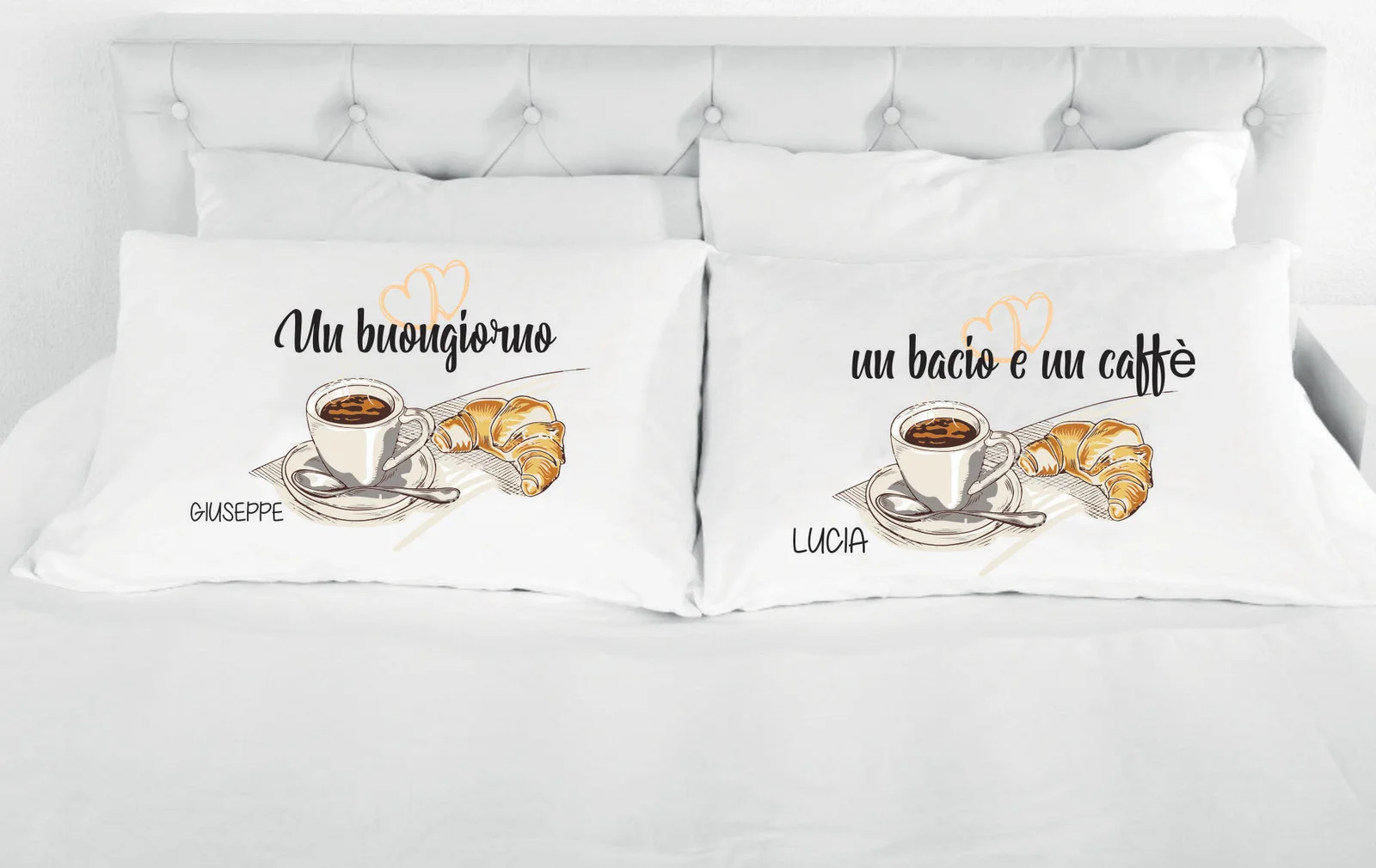 Coppia di federe PERSONALIZZABILI matrimoniali un buongiorno un bacio e un caffè - immagine 2