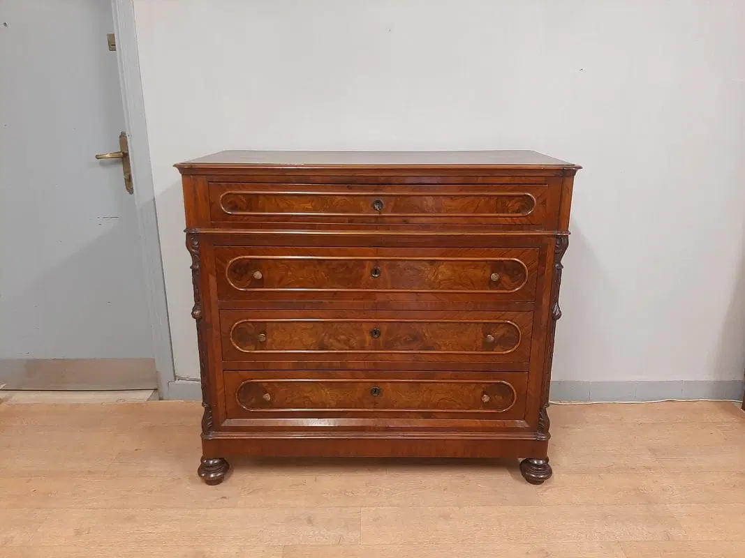 ANTICO COMO’ CASSETTONE IN NOCE E RADICA EPOCA LUIGI FILIPPO 1870 CIRCA - immagine 3