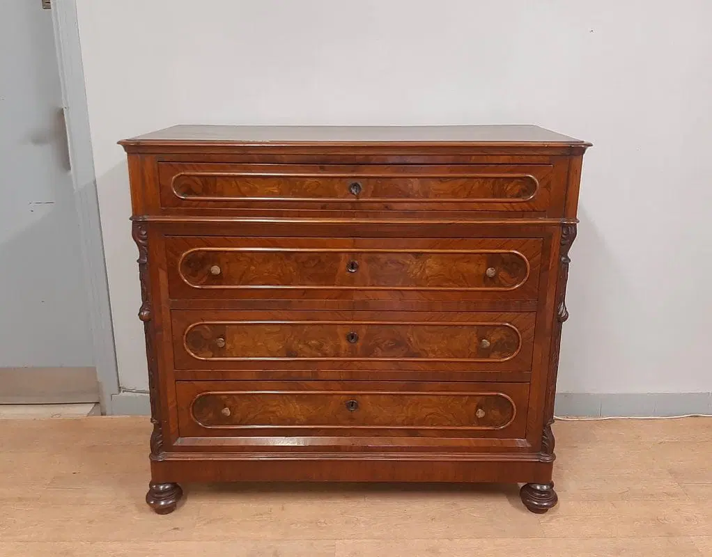 ANTICO COMO’ CASSETTONE IN NOCE E RADICA EPOCA LUIGI FILIPPO 1870 CIRCA