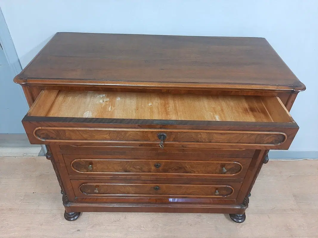 ANTICO COMO’ CASSETTONE IN NOCE E RADICA EPOCA LUIGI FILIPPO 1870 CIRCA - immagine 7