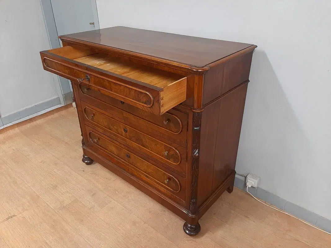 ANTICO COMO’ CASSETTONE IN NOCE E RADICA EPOCA LUIGI FILIPPO 1870 CIRCA - immagine 8