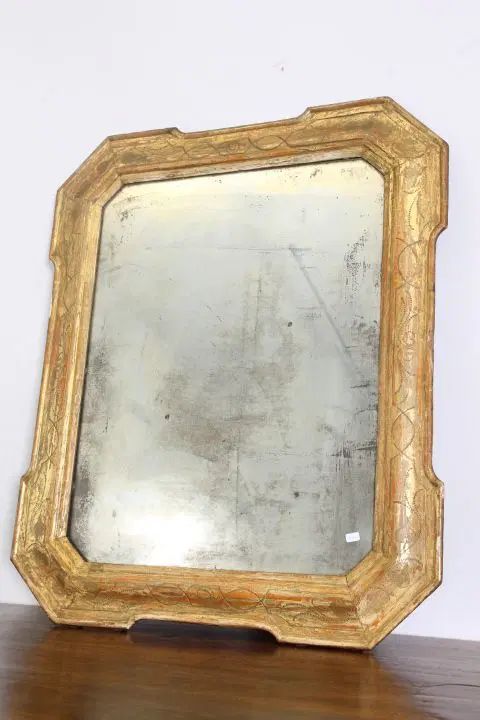 Antica specchiera a vassoio metà 800 foglia oro Lombarda.Specchio al mercurio