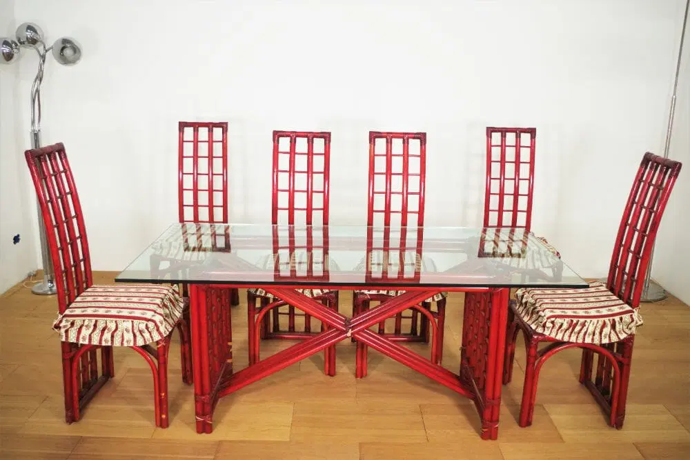 Red Bamboo Table & Chairs di Arturo Pozzoli, 1980s, Set di 7