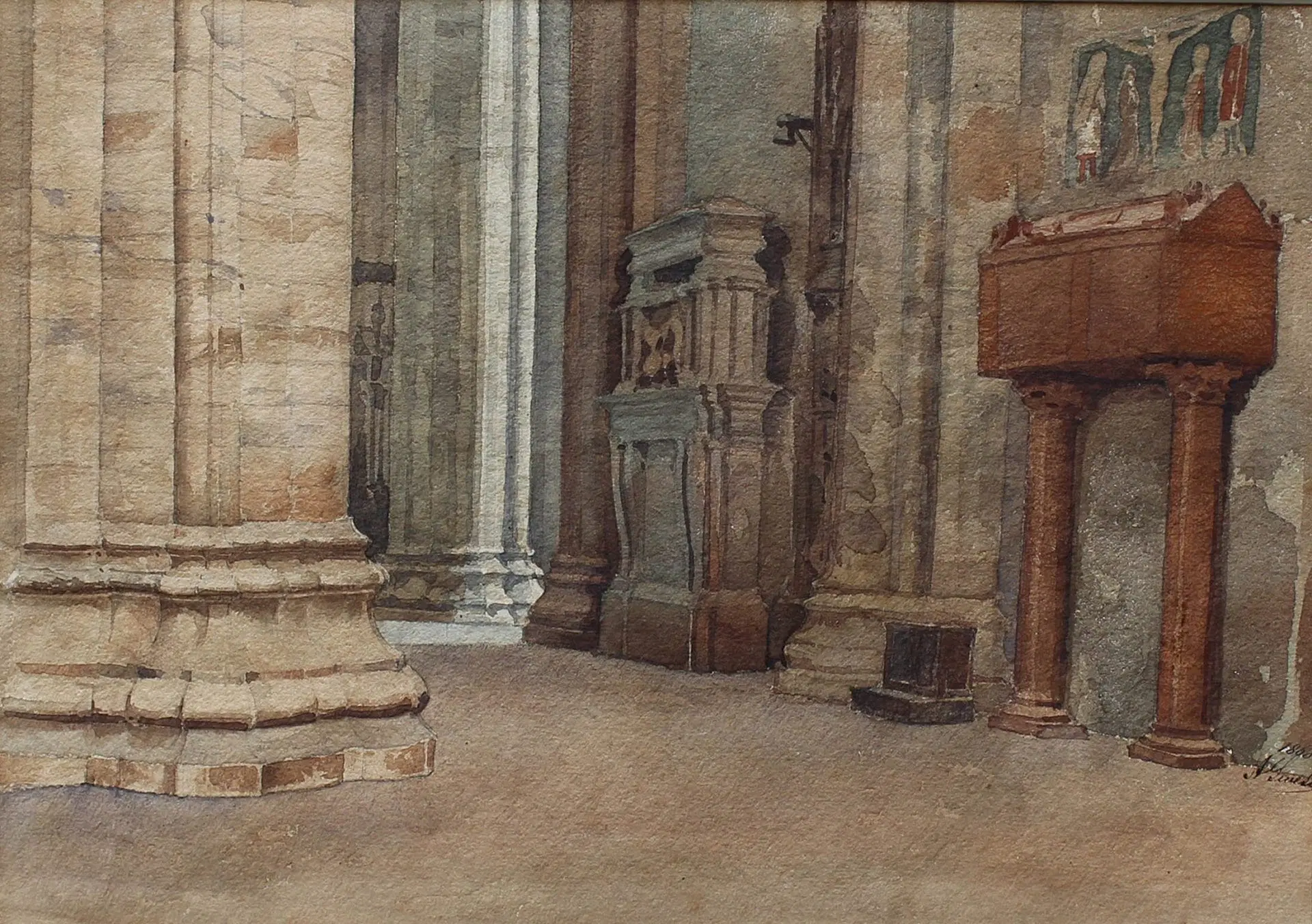 Arch. Ambrogio Seveso, XIX Secolo Tombe del Duomo, 1860 Acquerello su cartone, cm 23,5 x 33,5 - immagine 3