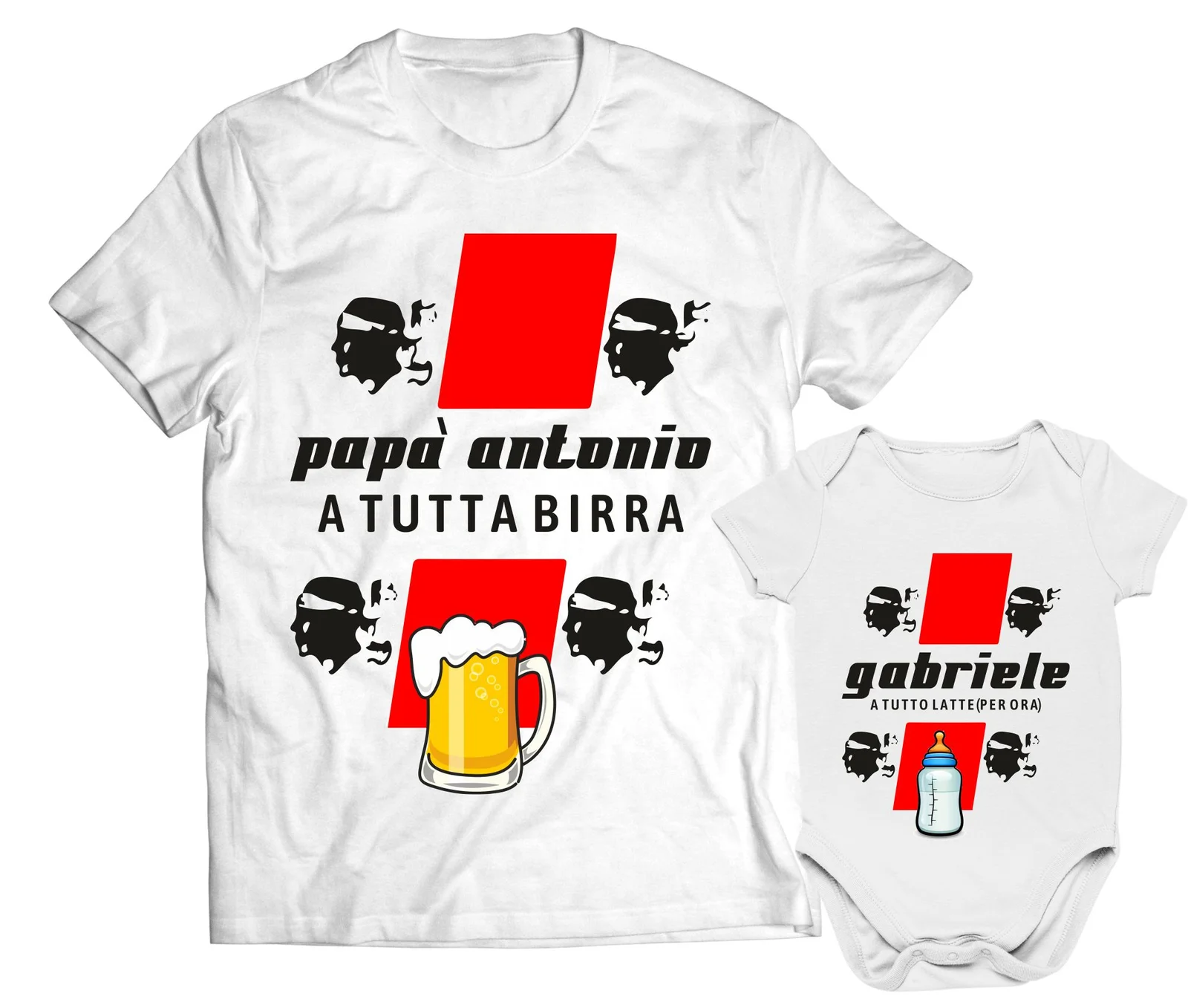 Coppia T-Shirt Papà e Body Neonato PERSONALIZZABILE Padre Figlio A tutta Birra & Latte 4 mori – Idea Regalo papà