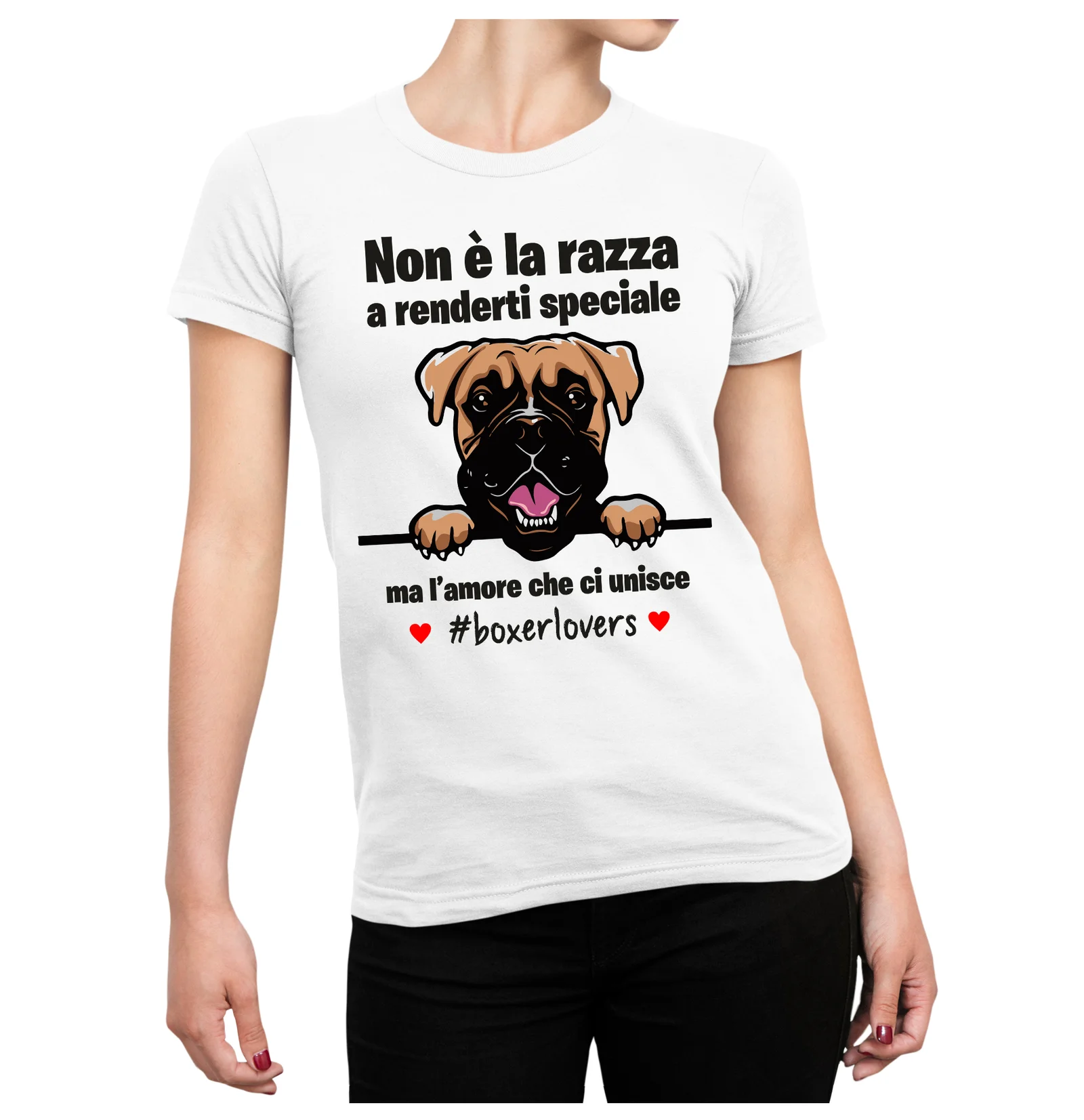 Maglietta Boxer Donna Non è la razza che conta ma l’amore che ci unisce T-Shirt Donna divertenti