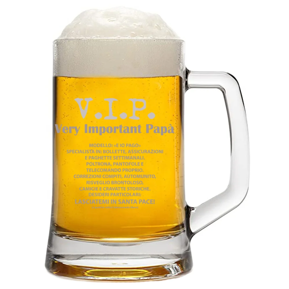 Boccale con incisione Papà – v.i.p. very important papà – dad – festa del papà – bicchiere in vetro chiaro, capienza 50 cl