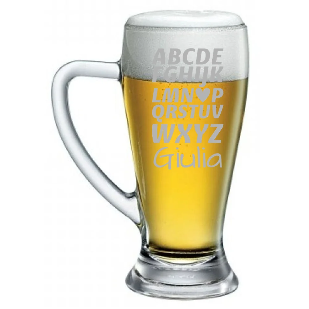 Boccale da Birra SanValentino PERSONALIZZABILE CON NOME Alfabeto Amore Bicchiere 38 cl con incisione Regalo Fidanzati Innamorati Divertenti - immagine 2