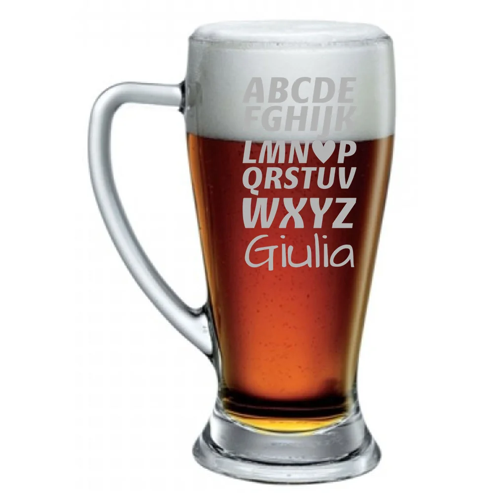 Boccale da Birra SanValentino PERSONALIZZABILE CON NOME Alfabeto Amore Bicchiere 38 cl con incisione Regalo Fidanzati Innamorati Divertenti