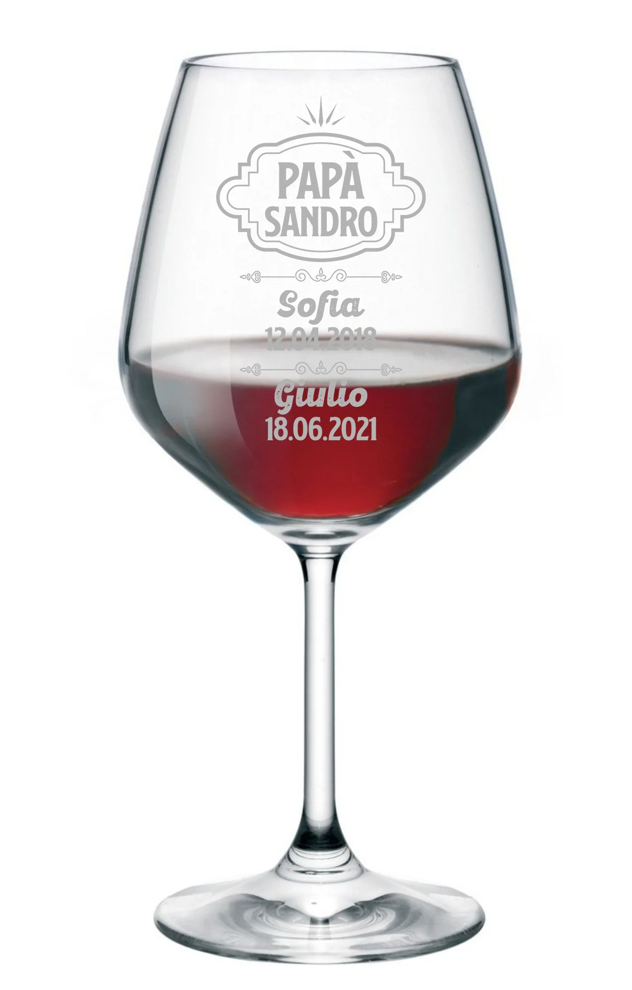 Calice Vino Papà Personalizzato Festa del Papà Personalizza con nome papà e nomi e data di nascita dei figli ca 500 ml - immagine 2