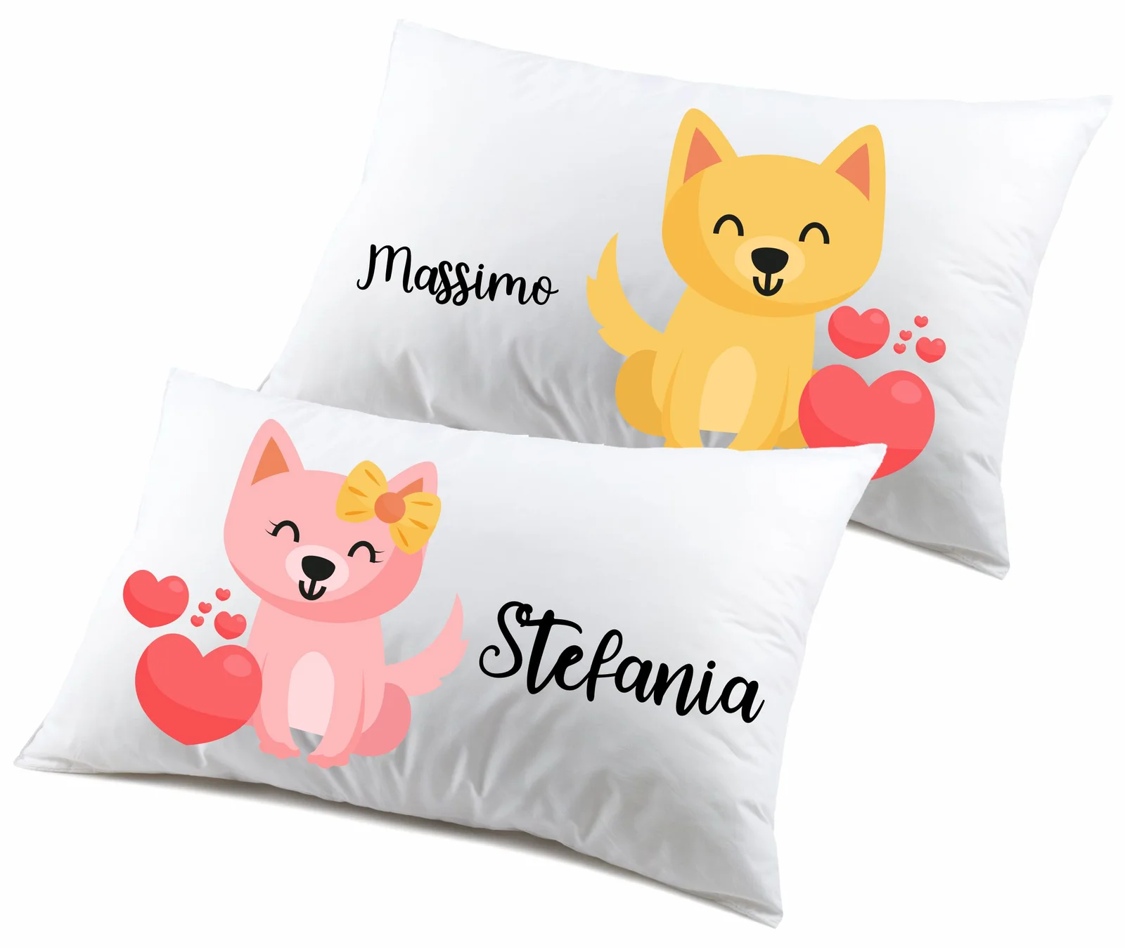 Coppia Federe PERSONALIZZABILI con nome SanValentino Matrimoniali Cagnolini Couple Love Innamorati Idea regalo Lui Lei