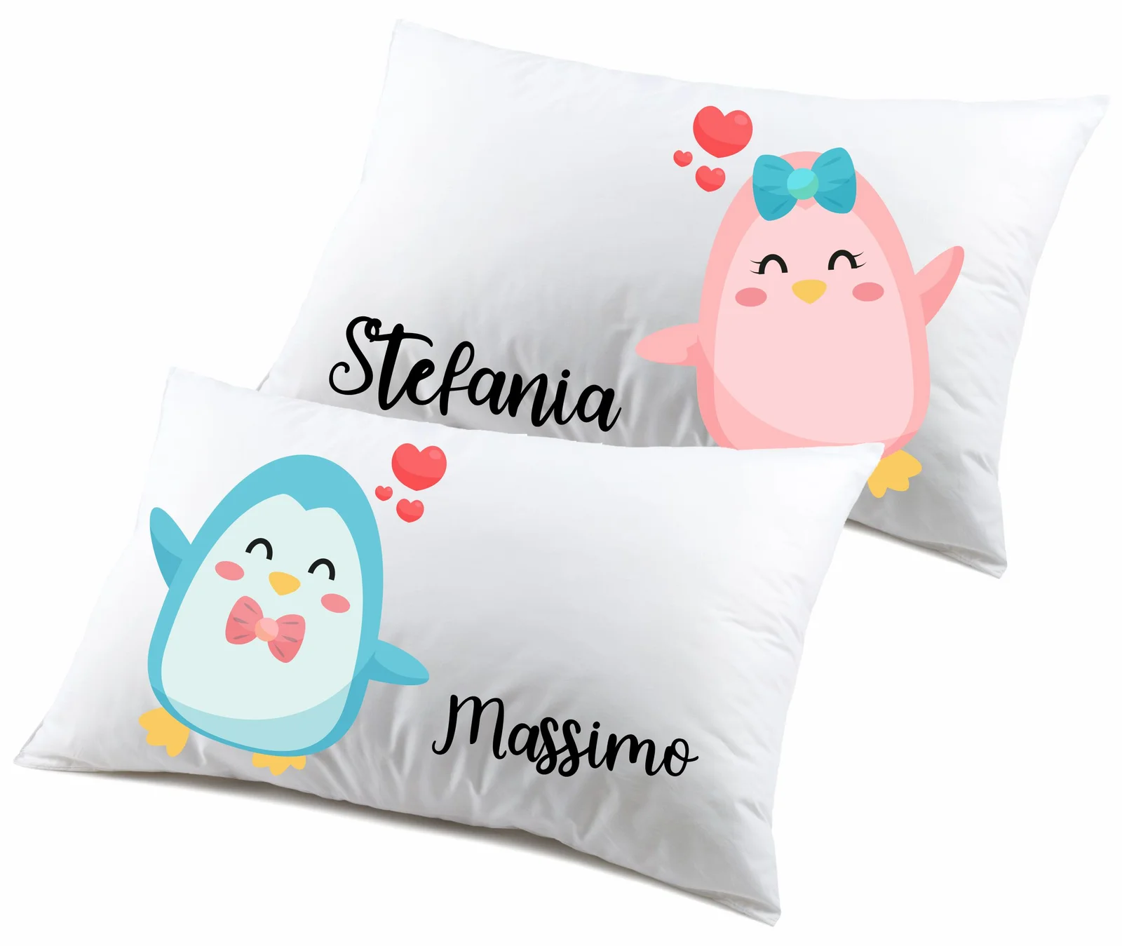 Coppia Federe PERSONALIZZABILI con nome SanValentino Matrimoniali Pinguini Couple Love Innamorati Idea regalo Lui Lei