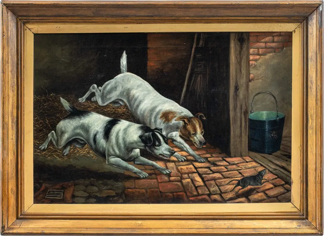 Pittore britannico (datato 1899) – Cani inseguono il topo.