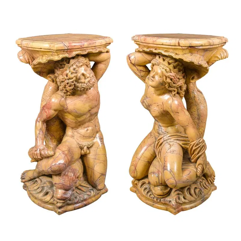 Coppia di sculture reggi-vaso in marmo giallo – Poseidone e Anfitrite. Italia, XIX-XX secolo. - immagine 2