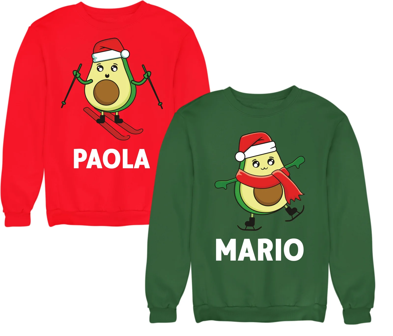 Coppia di Felpe Natale Girocollo PERSONALIZZABILI CON NOME Avocado Sci Neve divertenti idea regalo natale Unisex