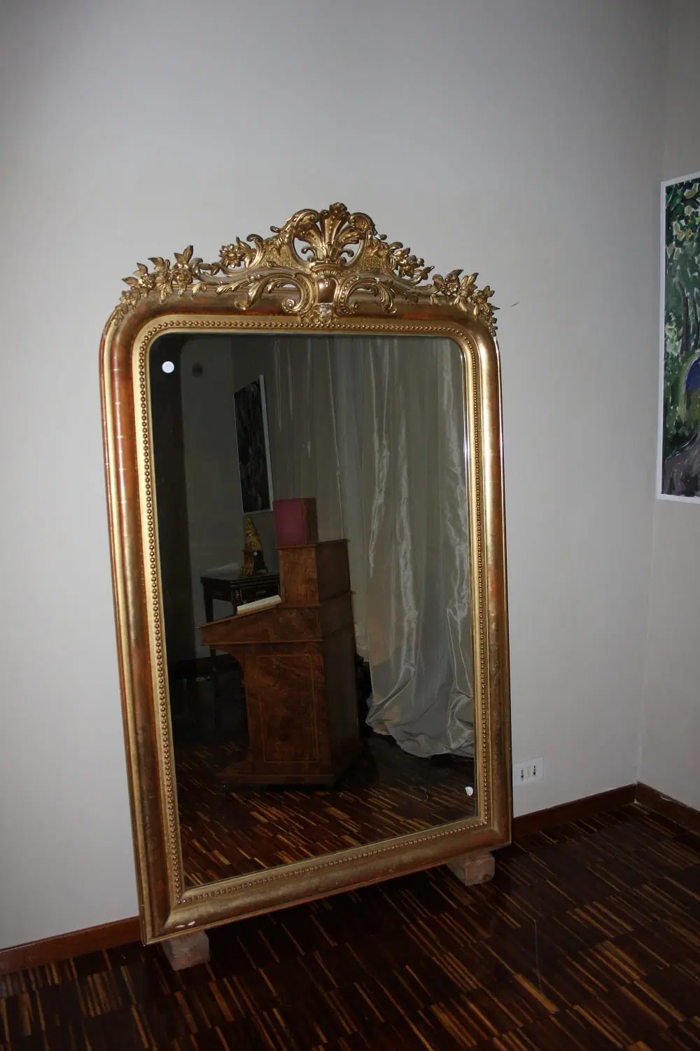 Grande Specchiera Francese Stile Luigi XVI in Legno dorato Foglia Oro