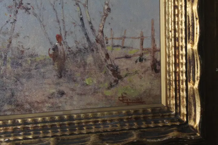 Antico dipinto di fine 800 di scuola Impressionista . Paesaggio firmato . Cornice dorata. - immagine 2