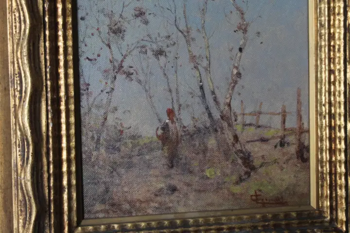 Antico dipinto di fine 800 di scuola Impressionista . Paesaggio firmato . Cornice dorata. - immagine 3