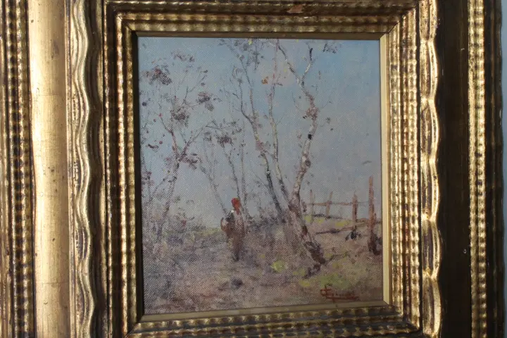 Antico dipinto di fine 800 di scuola Impressionista . Paesaggio firmato . Cornice dorata. - immagine 4