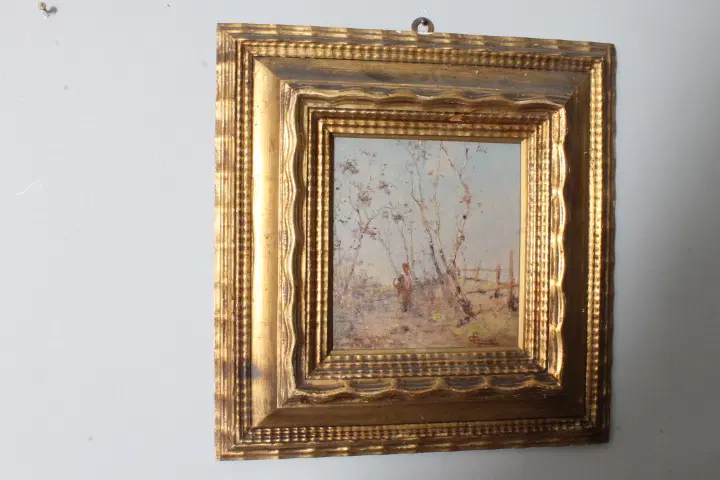 Antico dipinto di fine 800 di scuola Impressionista . Paesaggio firmato . Cornice dorata. - immagine 5