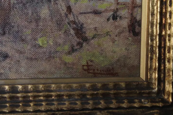 Antico dipinto di fine 800 di scuola Impressionista . Paesaggio firmato . Cornice dorata. - immagine 6