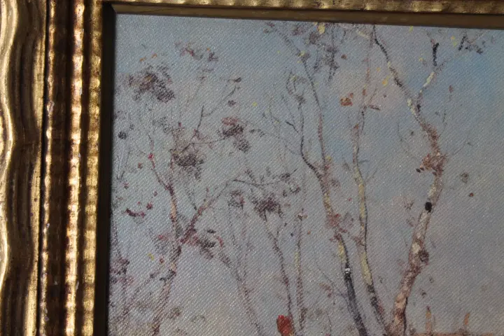 Antico dipinto di fine 800 di scuola Impressionista . Paesaggio firmato . Cornice dorata. - immagine 7