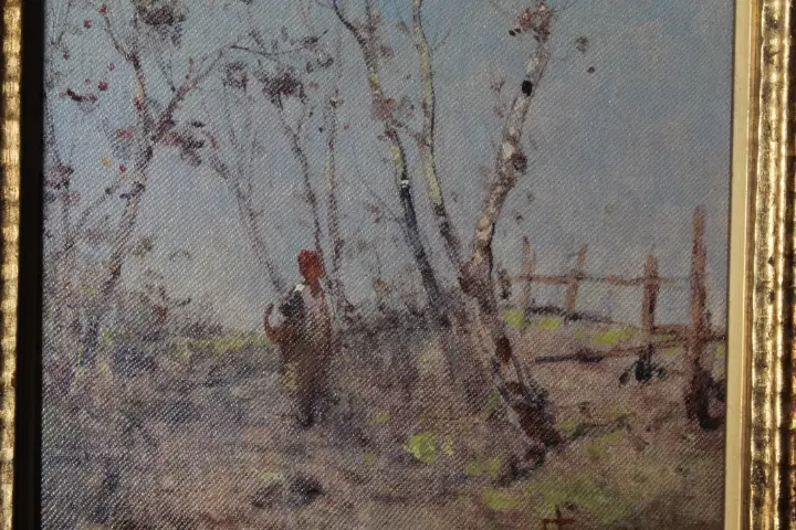 Antico dipinto di fine 800 di scuola Impressionista . Paesaggio firmato . Cornice dorata. - immagine 8