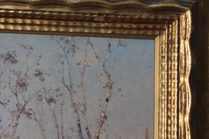 Antico dipinto di fine 800 di scuola Impressionista . Paesaggio firmato . Cornice dorata. - immagine 9