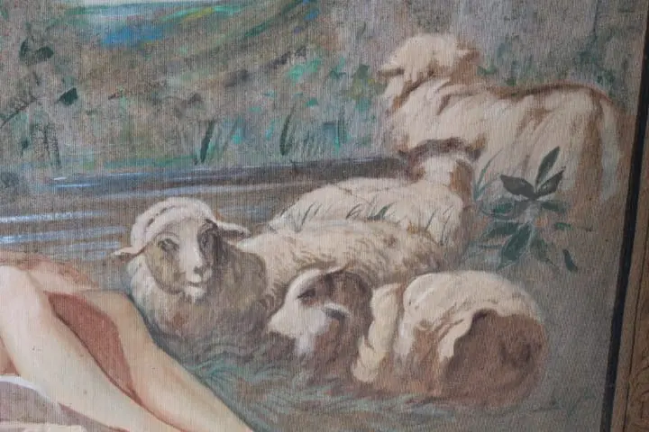 Antico grande succo erba XIX secolo dipinto su tela . Scena galante - immagine 6